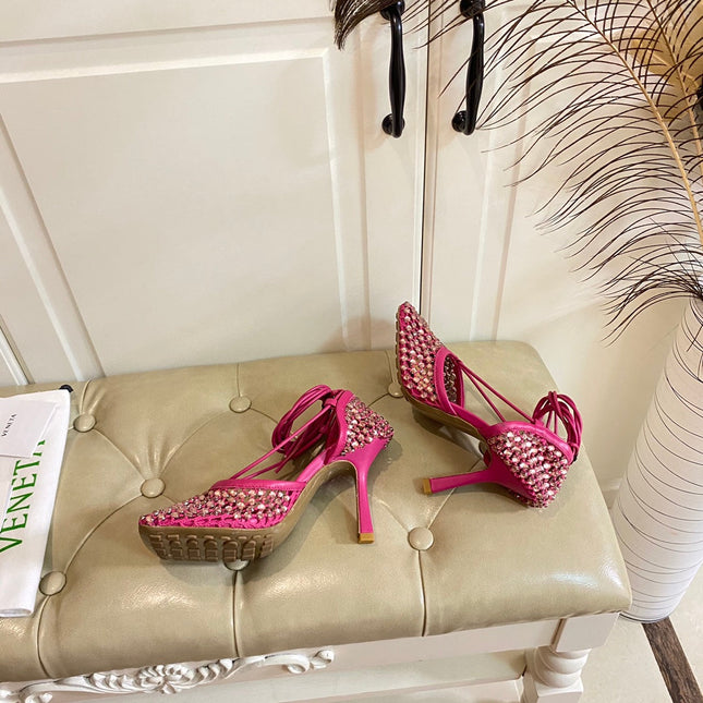 LACE-UP SANDAL IN PUNCH PINK METALLIZED MESH AND LEATHER WITH RHINSTONES 9 CM