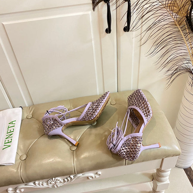 LACE-UP SANDAL IN LIGHT PURPLE METALLIZED MESH AND LEATHER WITH RHINSTONES 9 CM