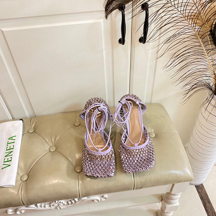 LACE-UP SANDAL IN LIGHT PURPLE METALLIZED MESH AND LEATHER WITH RHINSTONES 9 CM