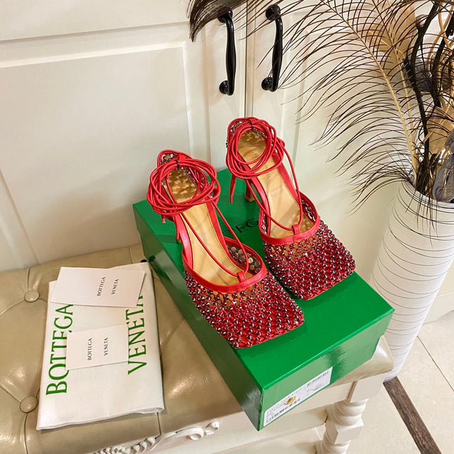 LACE-UP SANDAL IN CRIMSON RED METALLIZED MESH AND LEATHER WITH RHINSTONES 9 CM