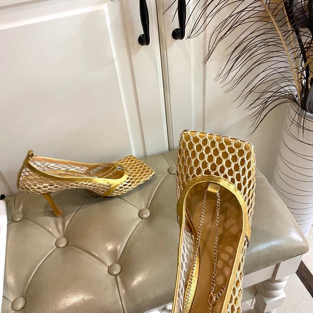 STRETCH LACE-UP SANDAL IN GOLD METALLIZED MESH AND LEATHER 9 CM