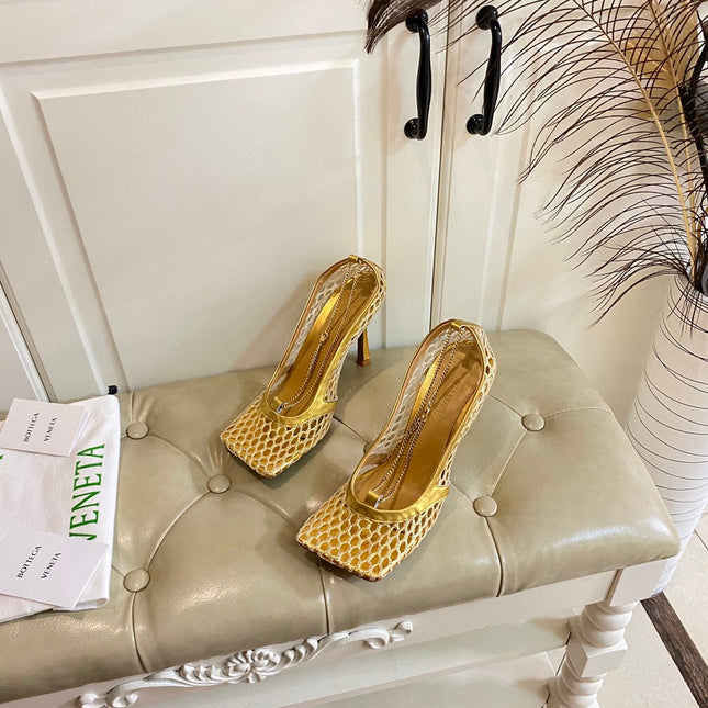 STRETCH LACE-UP SANDAL IN GOLD METALLIZED MESH AND LEATHER 9 CM