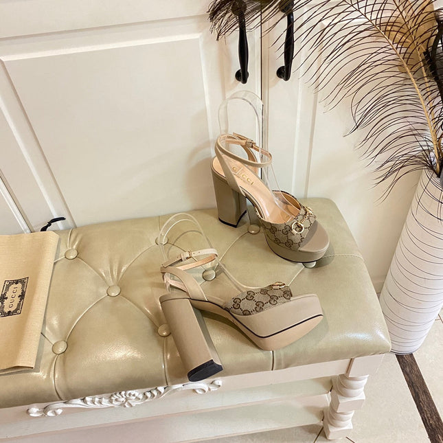 GG HORSEBIT PLATFORM SANDAL IN KHAKI BEIGE MONOGRAM CANVAS AND SHEEPSKIN LINING
