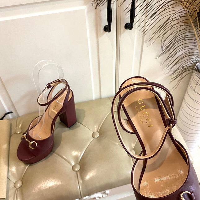 GG HORSEBIT PLATFORM SANDAL IN WINE RED SHEEPSKIN