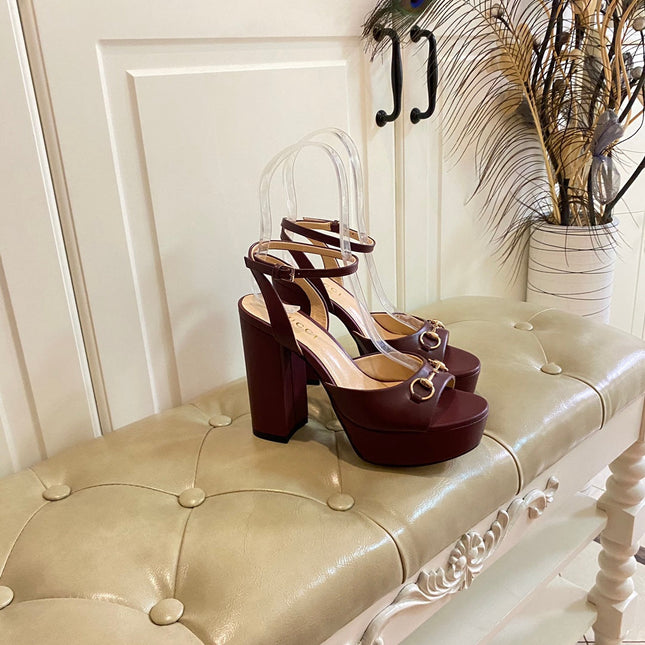 GG HORSEBIT PLATFORM SANDAL IN WINE RED SHEEPSKIN