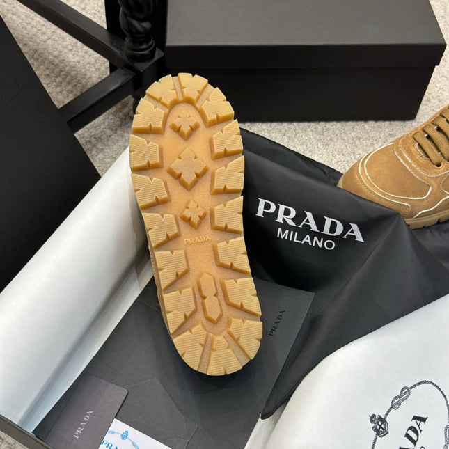 PRADA 25S SNEAKERS 20MM IN CARAMEL BROWN SUEDE