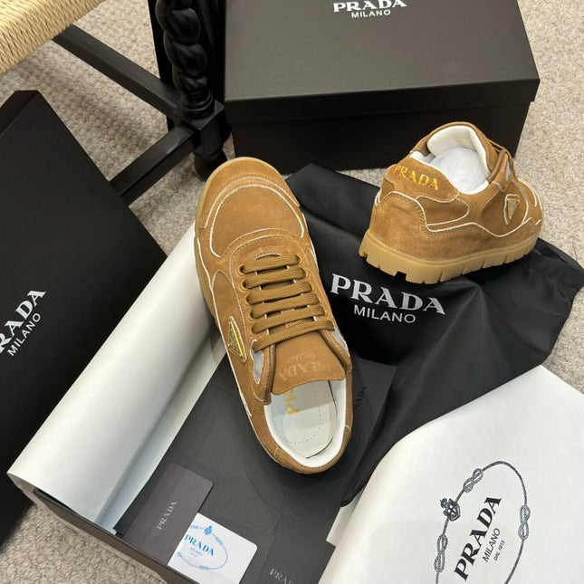 PRADA 25S SNEAKERS 20MM IN CARAMEL BROWN SUEDE