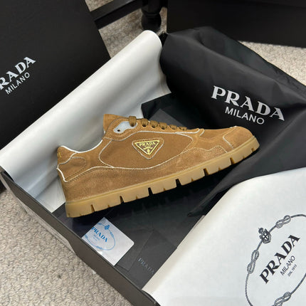PRADA 25S SNEAKERS 20MM IN CARAMEL BROWN SUEDE