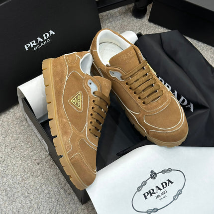 PRADA 25S SNEAKERS 20MM IN CARAMEL BROWN SUEDE