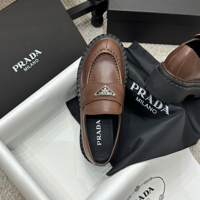 PRADA 25S LOAFER 50MM IN DARK BROWN CALFSKIN LOGO