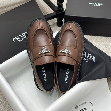 PRADA 25S LOAFER 50MM IN DARK BROWN CALFSKIN LOGO