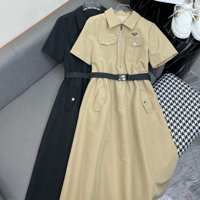SHIRT DRESS WITH ZIP-UP COLLAR AND BELT