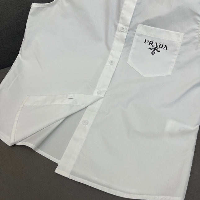 WHITE SLEEVELESS BUTTON-UP SHIRT