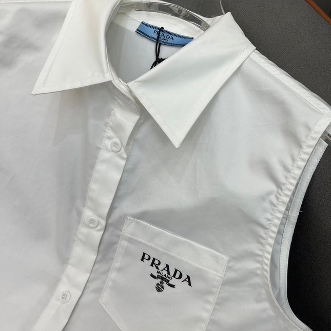 WHITE SLEEVELESS BUTTON-UP SHIRT