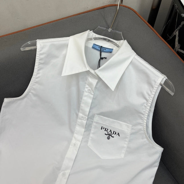 WHITE SLEEVELESS BUTTON-UP SHIRT