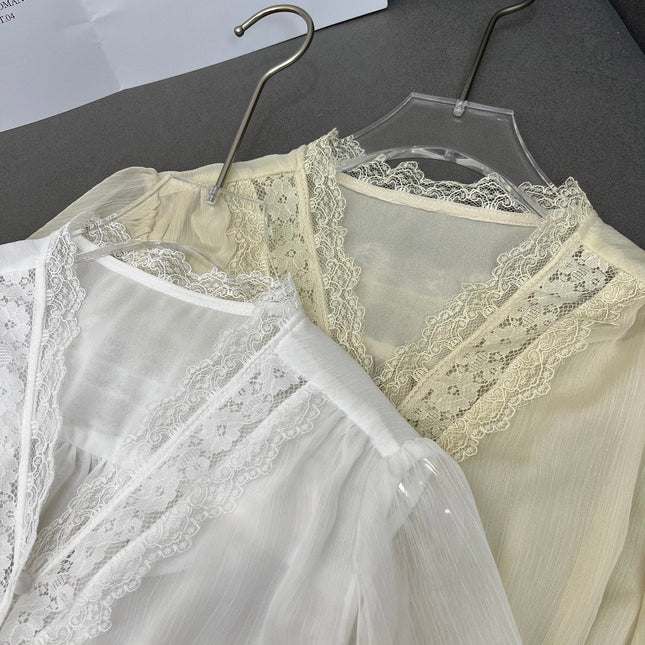 DIOR NEW DESIGN V-NECK LACE BLOUSE WITH PUFF SLEEVES