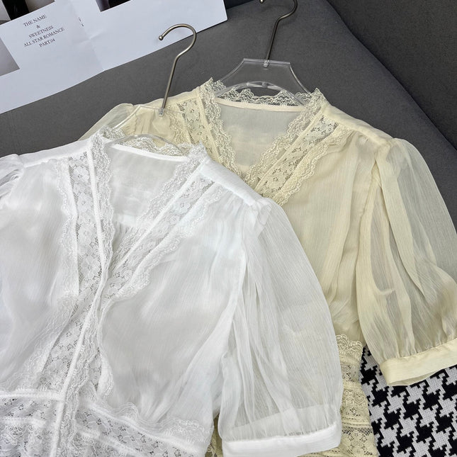 DIOR NEW DESIGN V-NECK LACE BLOUSE WITH PUFF SLEEVES