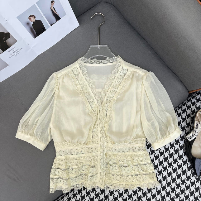 DIOR NEW DESIGN V-NECK LACE BLOUSE WITH PUFF SLEEVES