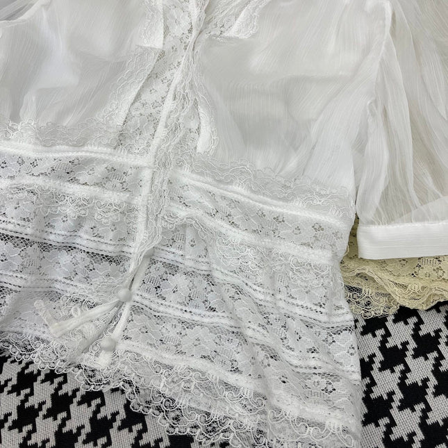 DIOR NEW DESIGN V-NECK LACE BLOUSE WITH PUFF SLEEVES