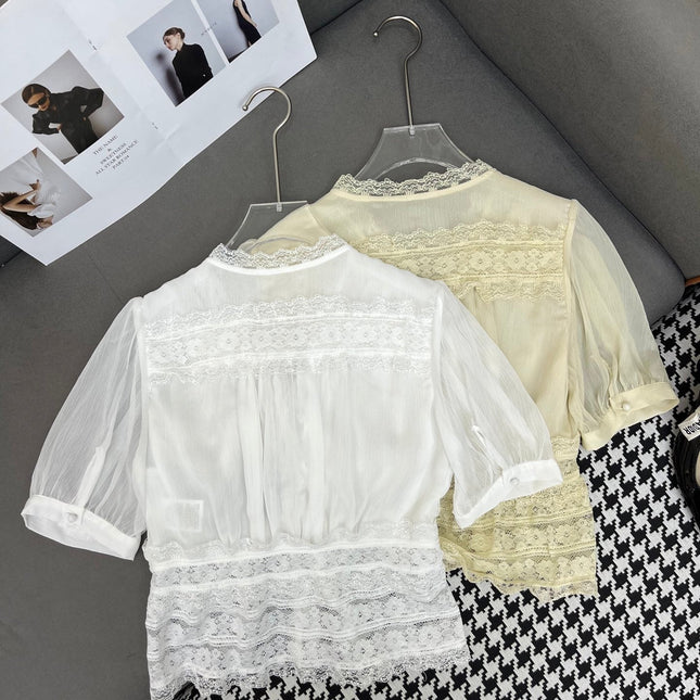 DIOR NEW DESIGN V-NECK LACE BLOUSE WITH PUFF SLEEVES