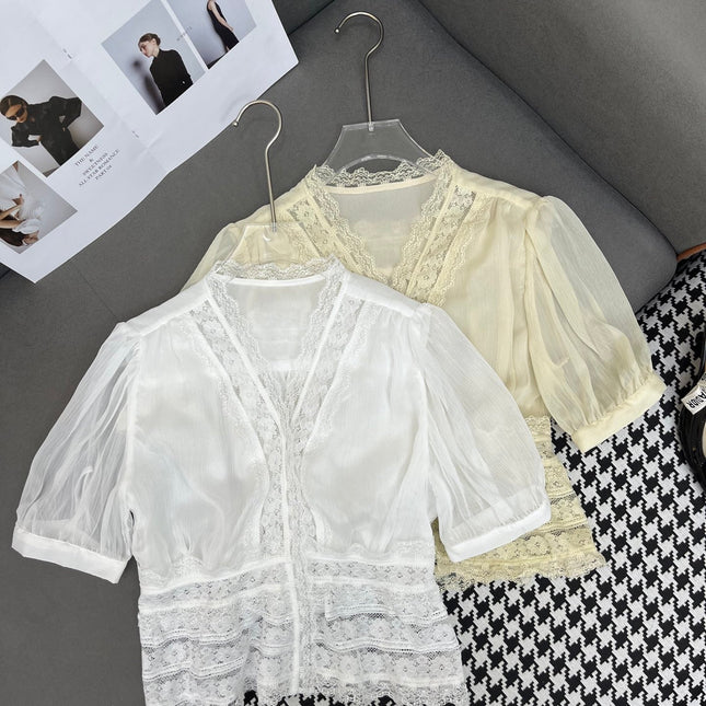 DIOR NEW DESIGN V-NECK LACE BLOUSE WITH PUFF SLEEVES