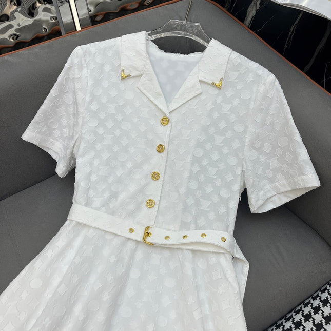 WHITE SHORT-SLEEVE BELTED BLAZER DRESS