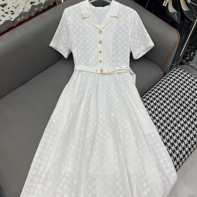 WHITE SHORT-SLEEVE BELTED BLAZER DRESS