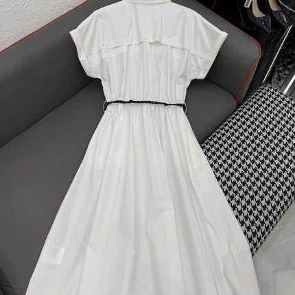 MM LONG DRESS IN WHITE TEXTURED FABRIC WITH BELT