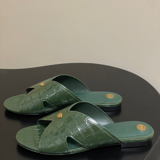 FLAT SLIPPERS IN MOSS GREEN CALFSKIN SNAKE EMBOSSING