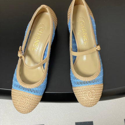 HIGH BALLET MARY JANE 50MM IN NATURAL BEIGE AND BLUE RAFFIA