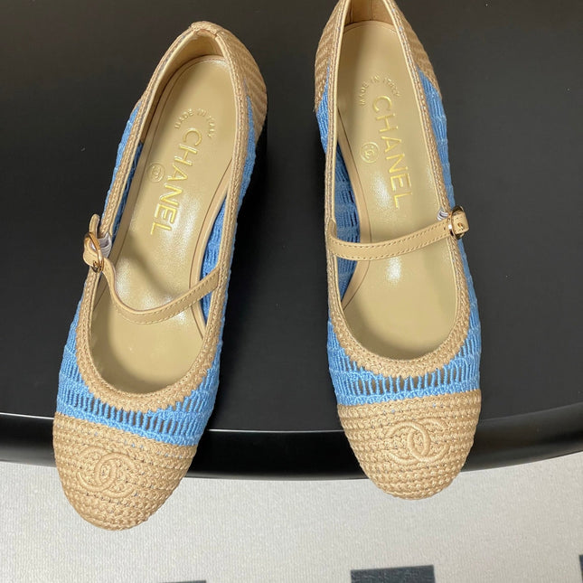 HIGH BALLET MARY JANE 50MM IN NATURAL BEIGE AND BLUE RAFFIA