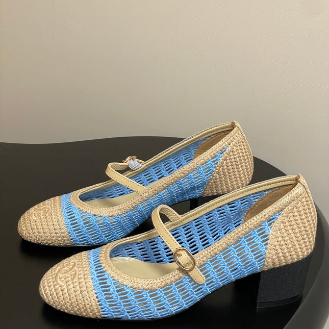 HIGH BALLET MARY JANE 50MM IN NATURAL BEIGE AND BLUE RAFFIA
