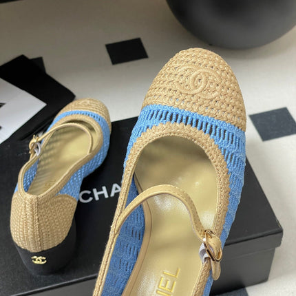 HIGH BALLET MARY JANE 50MM IN NATURAL BEIGE AND BLUE RAFFIA