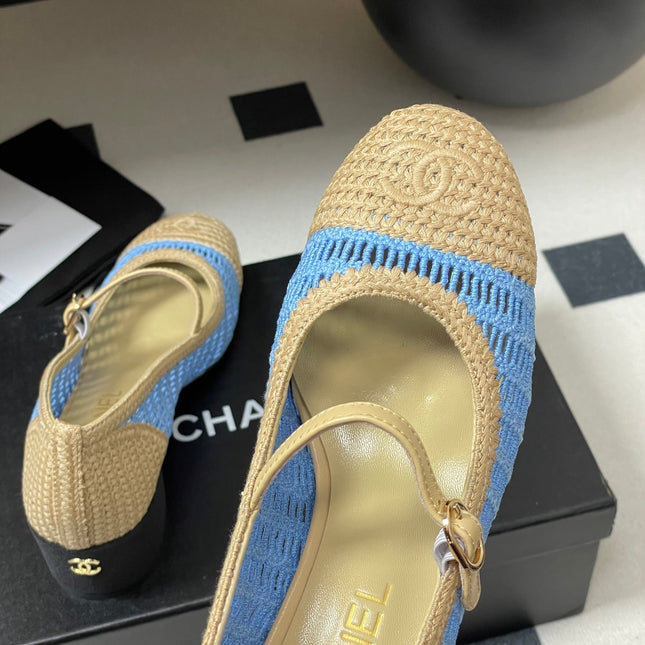 HIGH BALLET MARY JANE 50MM IN NATURAL BEIGE AND BLUE RAFFIA