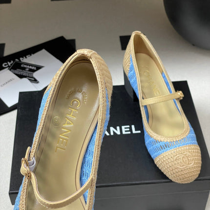 HIGH BALLET MARY JANE 50MM IN NATURAL BEIGE AND BLUE RAFFIA