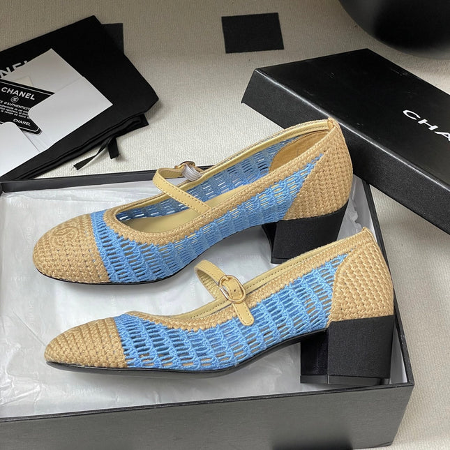 HIGH BALLET MARY JANE 50MM IN NATURAL BEIGE AND BLUE RAFFIA