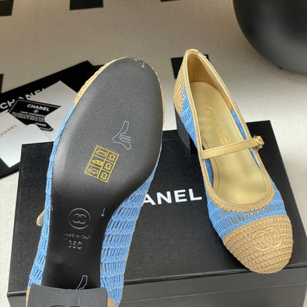 HIGH BALLET MARY JANE 50MM IN NATURAL BEIGE AND BLUE RAFFIA
