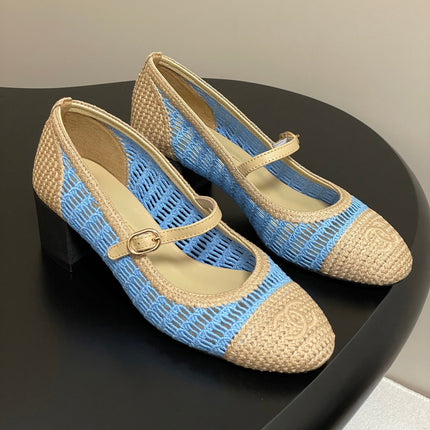 HIGH BALLET MARY JANE 50MM IN NATURAL BEIGE AND BLUE RAFFIA