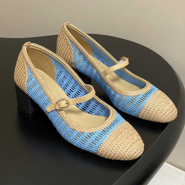 HIGH BALLET MARY JANE 50MM IN NATURAL BEIGE AND BLUE RAFFIA