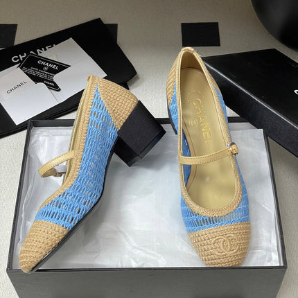 HIGH BALLET MARY JANE 50MM IN NATURAL BEIGE AND BLUE RAFFIA