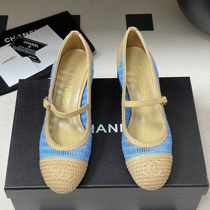 HIGH BALLET MARY JANE 50MM IN NATURAL BEIGE AND BLUE RAFFIA