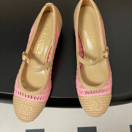 HIGH BALLET MARY JANE 50MM IN NATURAL BEIGE AND PINK RAFFIA