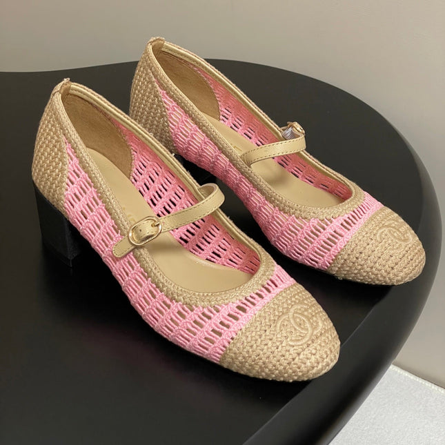 HIGH BALLET MARY JANE 50MM IN NATURAL BEIGE AND PINK RAFFIA