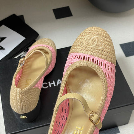 HIGH BALLET MARY JANE 50MM IN NATURAL BEIGE AND PINK RAFFIA