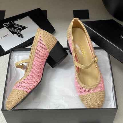 HIGH BALLET MARY JANE 50MM IN NATURAL BEIGE AND PINK RAFFIA