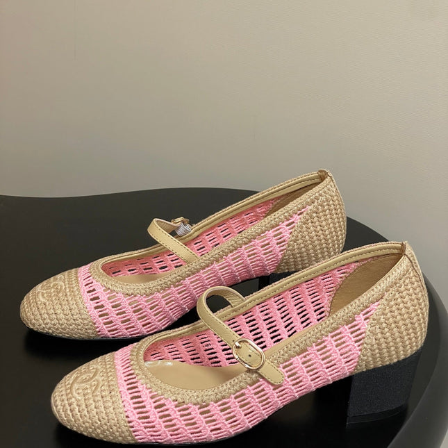 HIGH BALLET MARY JANE 50MM IN NATURAL BEIGE AND PINK RAFFIA