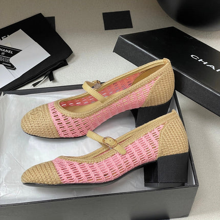 HIGH BALLET MARY JANE 50MM IN NATURAL BEIGE AND PINK RAFFIA