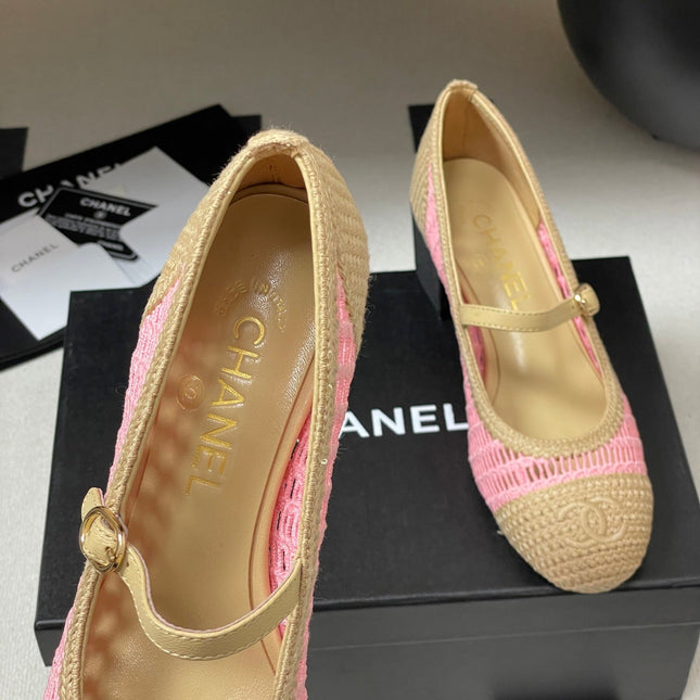 HIGH BALLET MARY JANE 50MM IN NATURAL BEIGE AND PINK RAFFIA