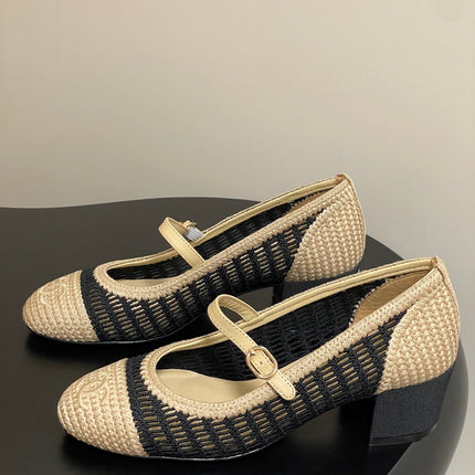 HIGH BALLET MARY JANE 50MM IN NATURAL BEIGE AND BLACK RAFFIA