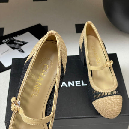 HIGH BALLET MARY JANE 50MM IN NATURAL BEIGE AND BLACK RAFFIA